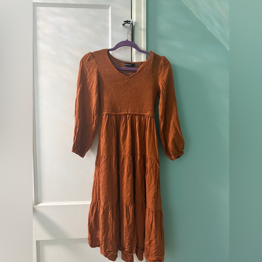 Merokeety Rust Textured V-Neck Midi Dress